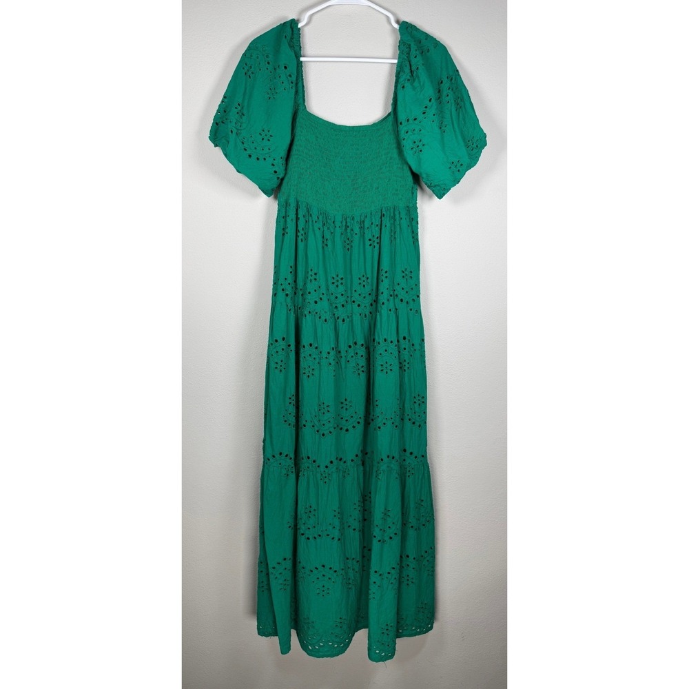Eyelet Maxi Dress Women Est Size M Green Cotton Tiered Smocked Puff Sleeve Boho - Picture 3 of 9